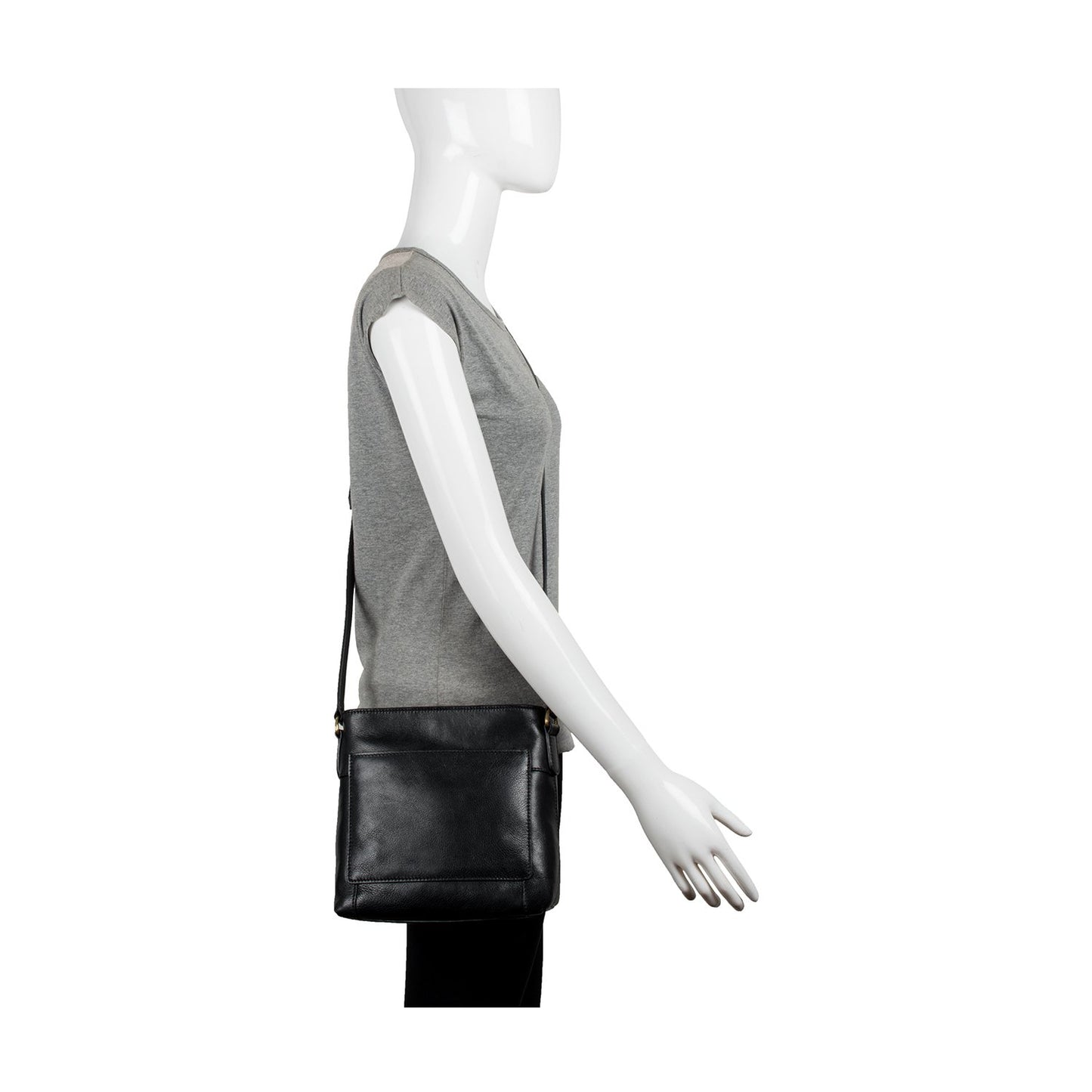 The Hidesign Sierra Small Leather Crossbody Bag is a black, leather bag with a front pocket, adjustable strap, and gold-tone hardware.