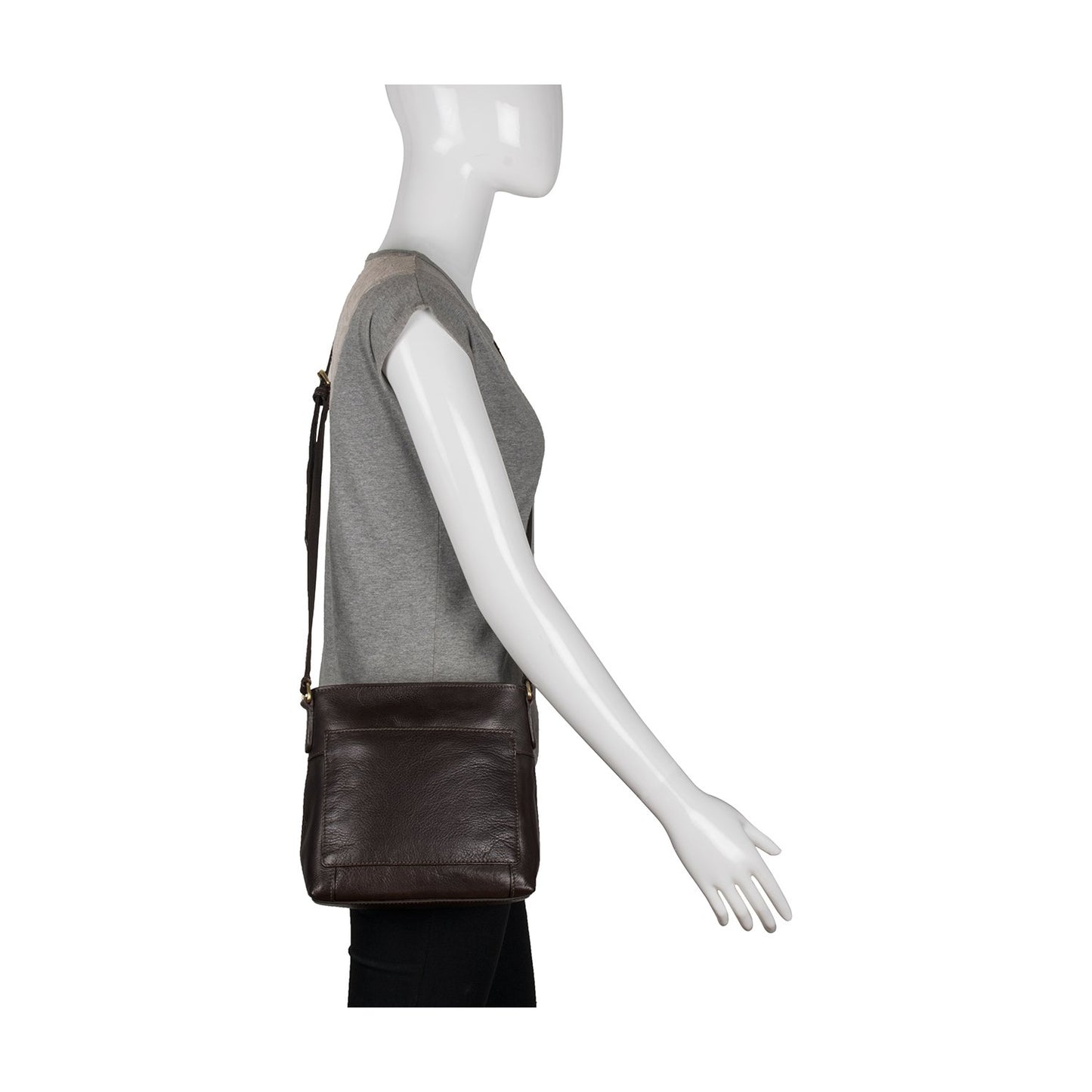 The Hidesign Sierra Small Leather Crossbody Bag is a black, leather bag with a front pocket, adjustable strap, and gold-tone hardware.