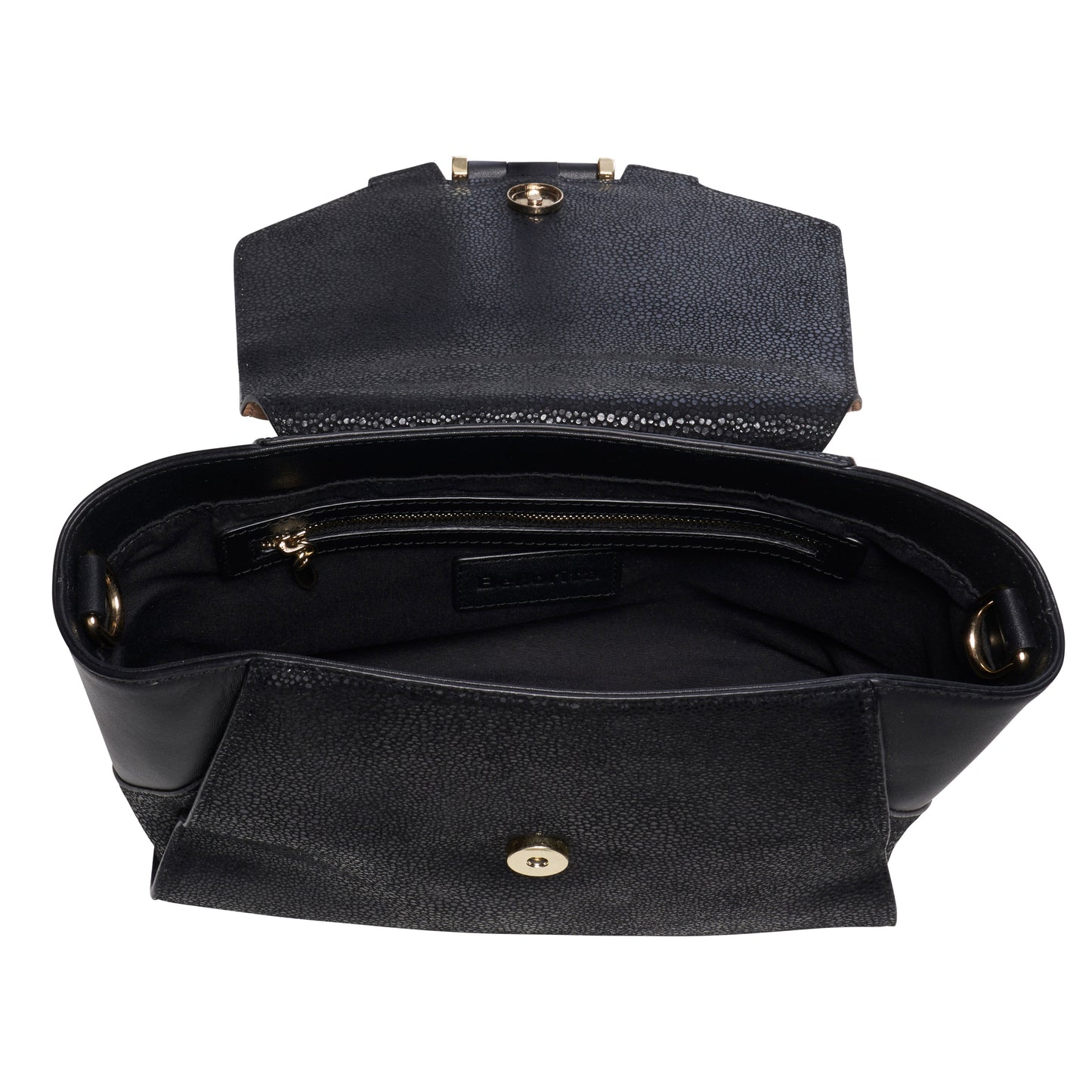 The Koi Small Black Satchel by Bellorita is a handbag with a black body, a tan flap adorned with fish designs, and decorative pearls.