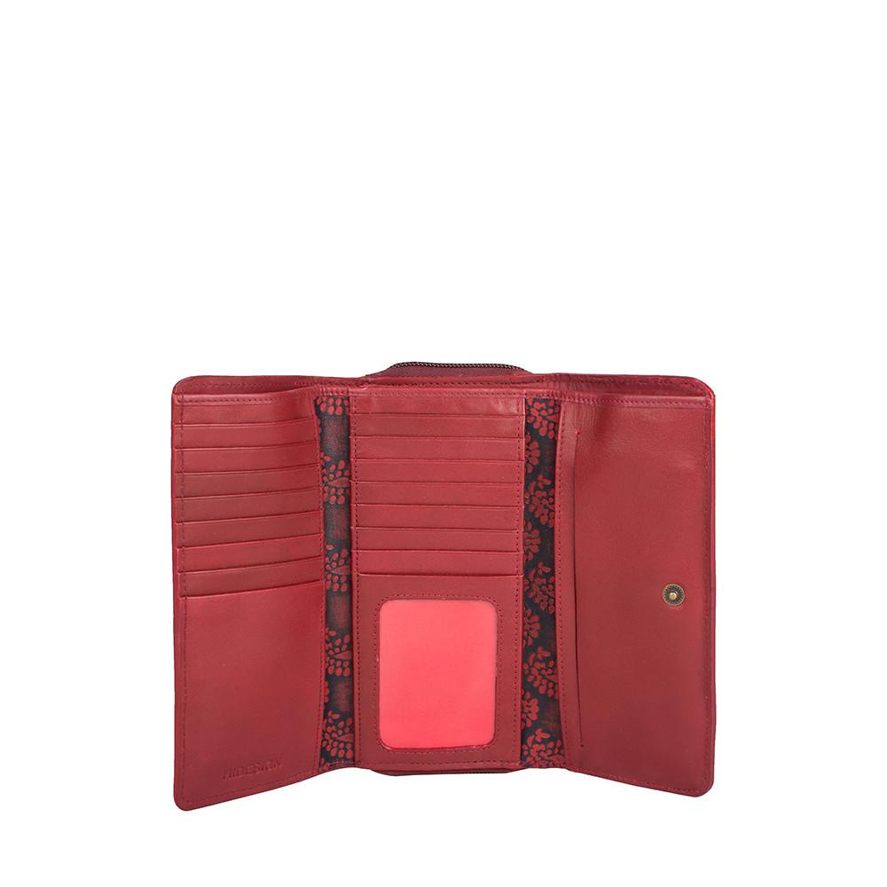 The Hidesign Baga RFID Blocking Trifold Leather Wallet offers a colorful patchwork design with red, green, and orange patterns.