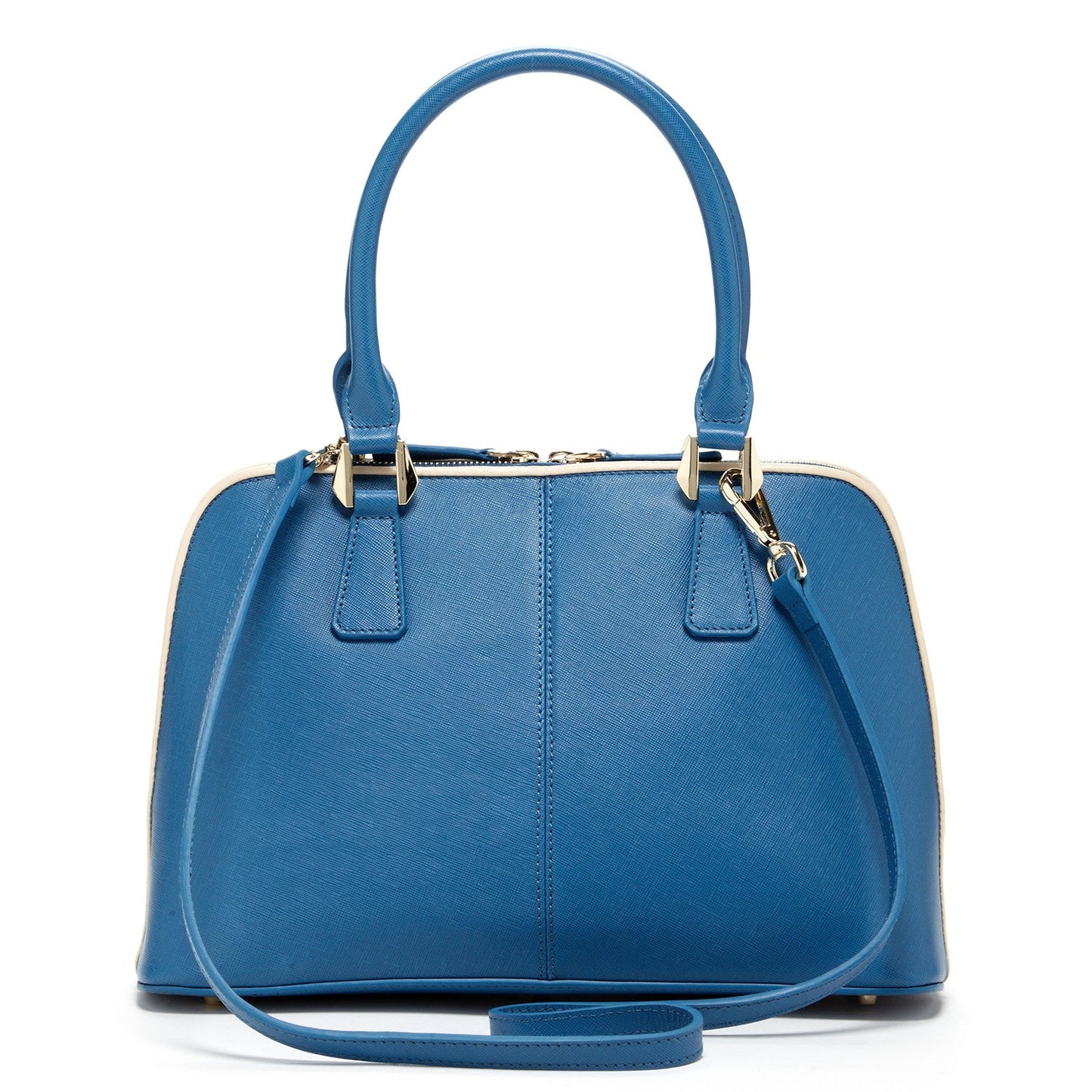 Melissa Blue Saffiano Leather Satchel Bag with two handles, zip closure, and SUSU embossed on the front.