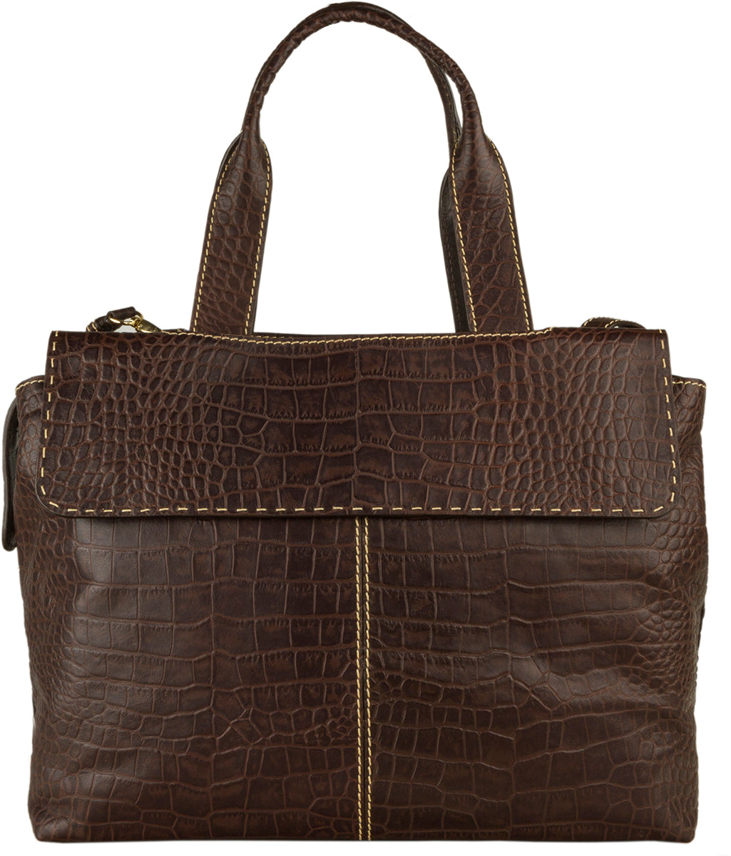 The Hidesign Womens Leather Laptop Work Bag is a brown leather handbag with a crocodile pattern, featuring a flap closure, double handles, and an adjustable shoulder strap.