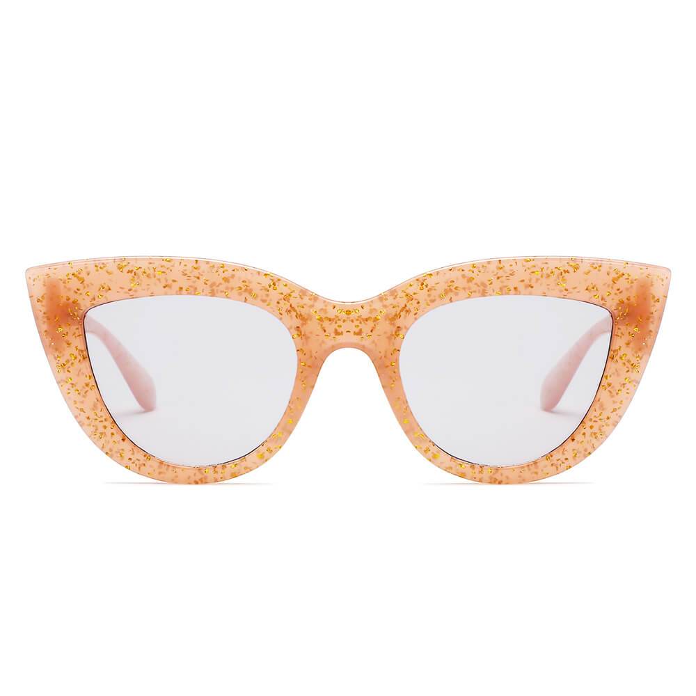 BOYDS women’s round cat-eye sunglasses by Cramilo Eyewear feature pink glittery frames and dark lenses on a white background.