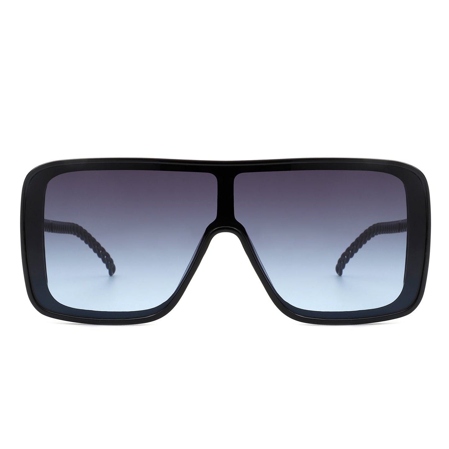 Cramilo Eyewears Wildwind sunglasses feature a black-gray square frame with a retro flat top, gradient blue lenses, and chain-like arms.