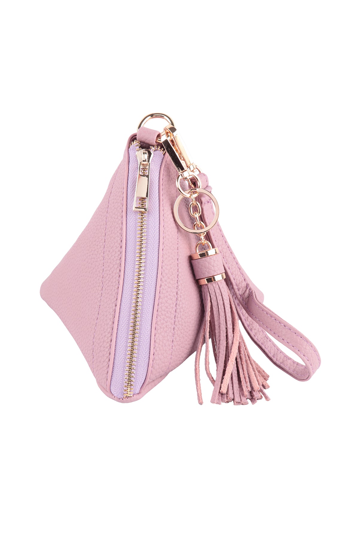 A person in a white shirt and jeans is holding the Riah Fashion Pyramid Shape Tassel Wristlet Leather Bag in orange.