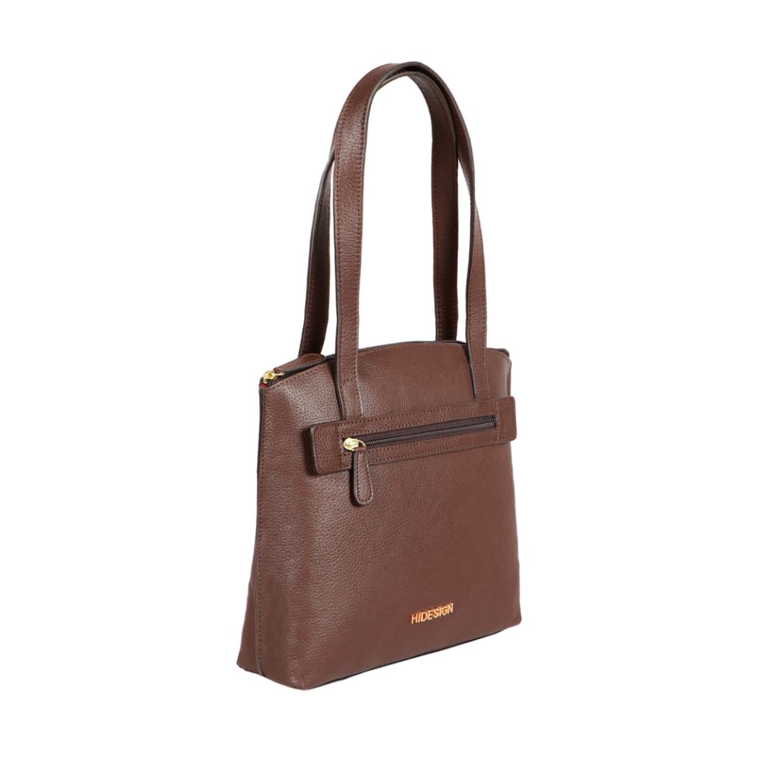 A black Hidesign Clarida Womens Classic Leather Handbag with two shoulder straps, a zippered front pocket, and HIDESIGN embossed in gold at the bottom.