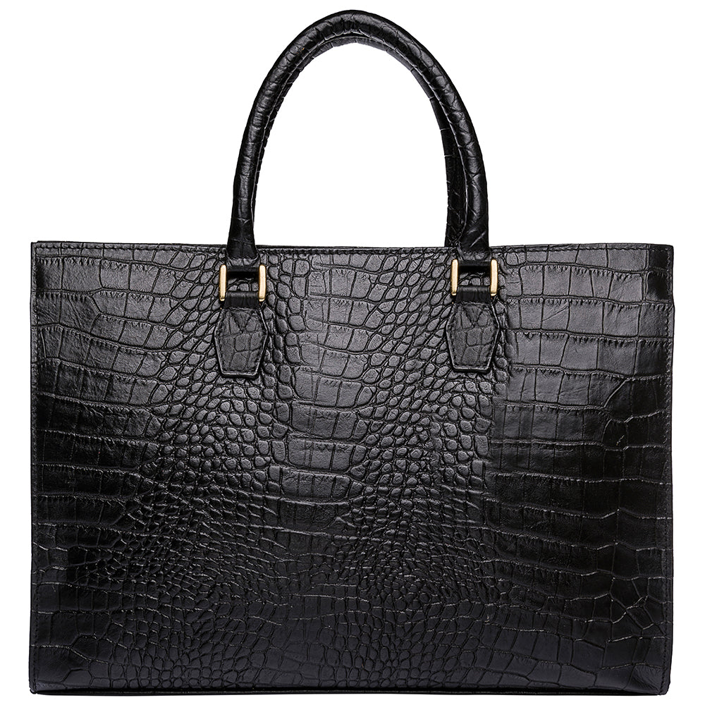 Hidesign Kester Womens Work Bag: a black crocodile-pattern leather handbag featuring two handles and gold-tone hardware.