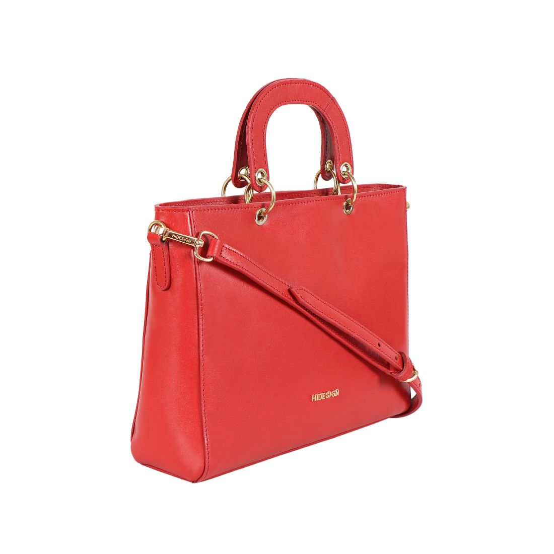 The Hidesign Life New Womens Leather Handbag is a red satchel with dual top handles, a detachable shoulder strap, gold-tone hardware, and the brand logo on the front.