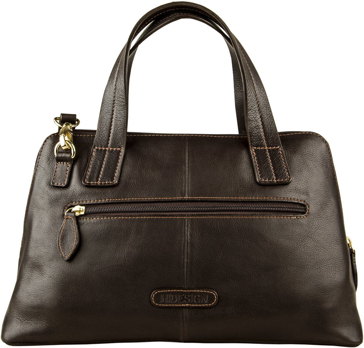 The Cerys Medium Leather Satchel by Hidesign is a red handbag with short handles and a detachable shoulder strap, featuring gold-tone hardware and a small gold emblem on the front.
