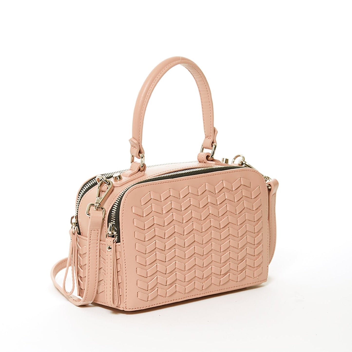 The SUSU Kayla Pink Woven Leather Bag features a textured front pattern, top handles, and a detachable shoulder strap.