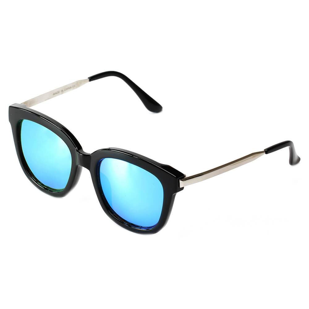The DEKALB Womens Oversize sunglasses by Cramilo Eyewear feature floral rims, thin gold arms, and silver mirrored lenses.