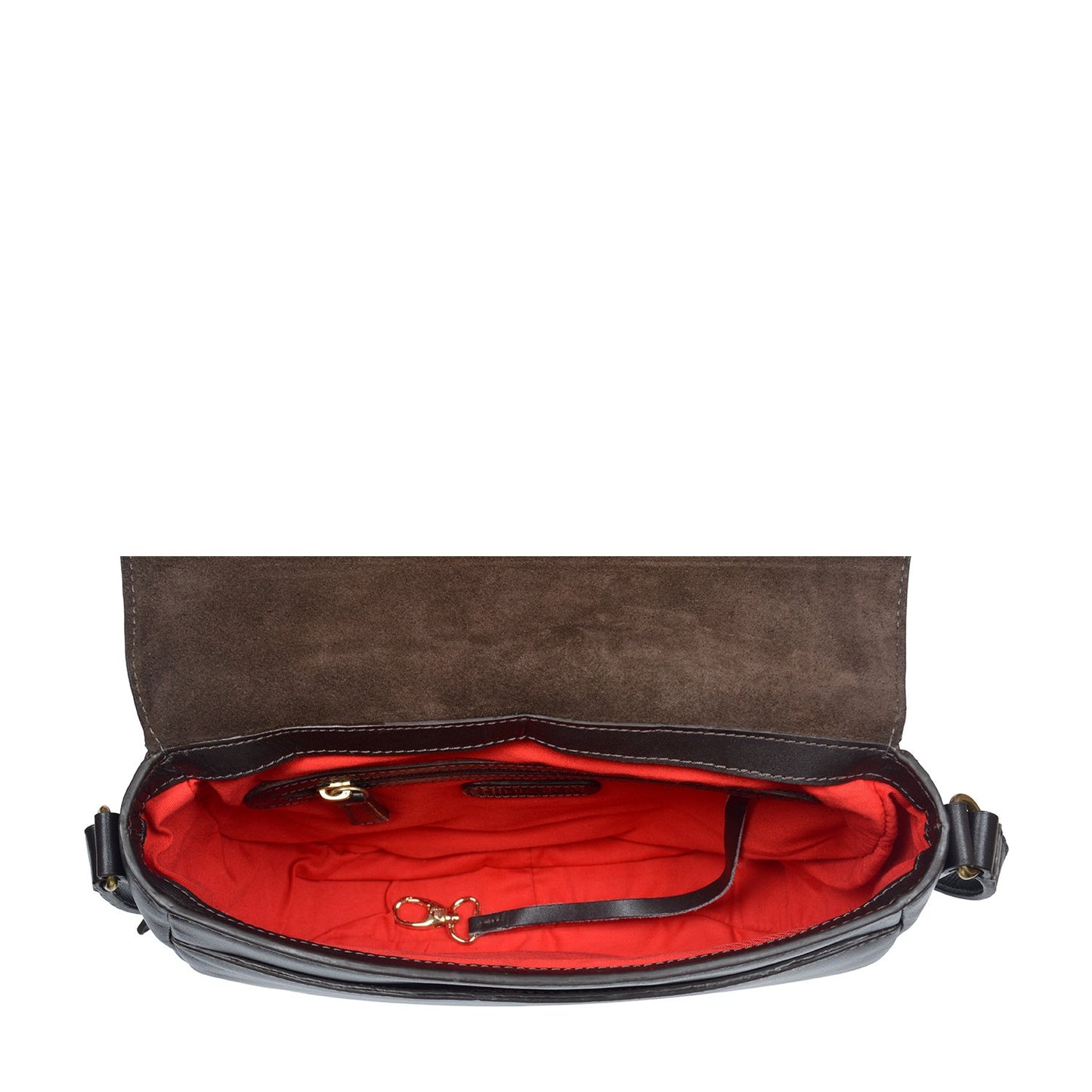 The Nelly Classic Leather Crossbody Bag by Hidesign features a black leather design with a flap closure and a gold buckle on the strap.
