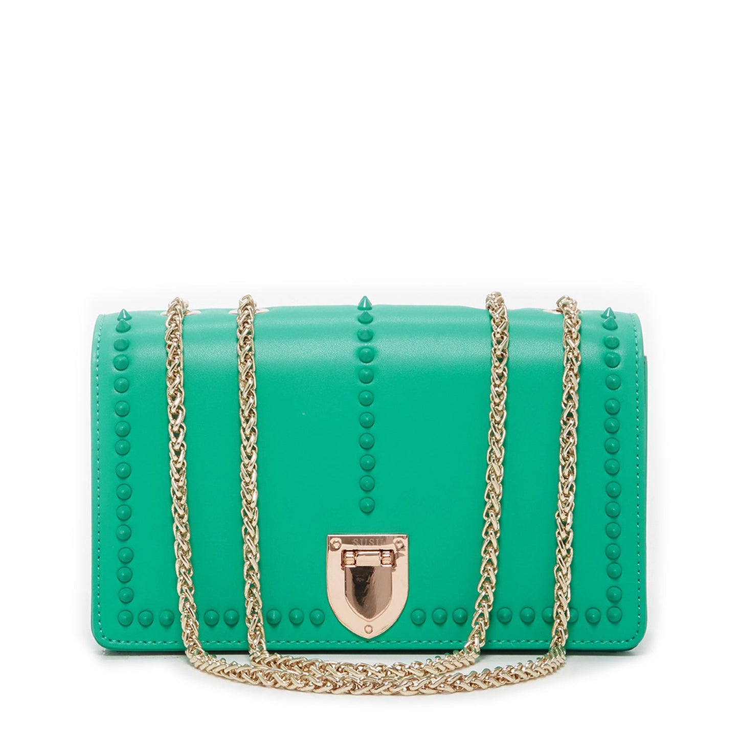 SUSU presents the Josie Green Leather Bag featuring a studded design and a gold chain strap.