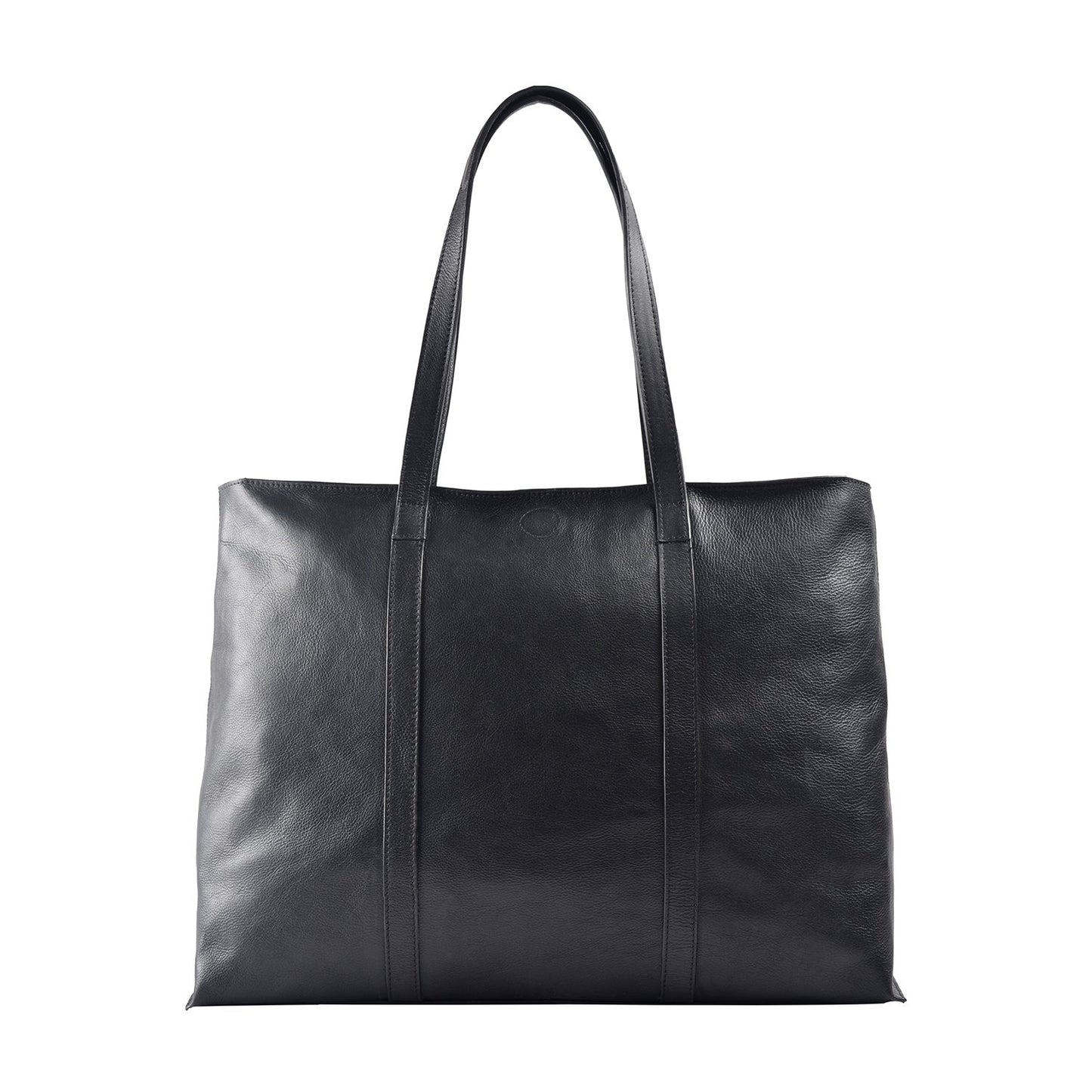 The Nancy Large Leather Tote by Hidesign is a sleek black leather bag with two handles.