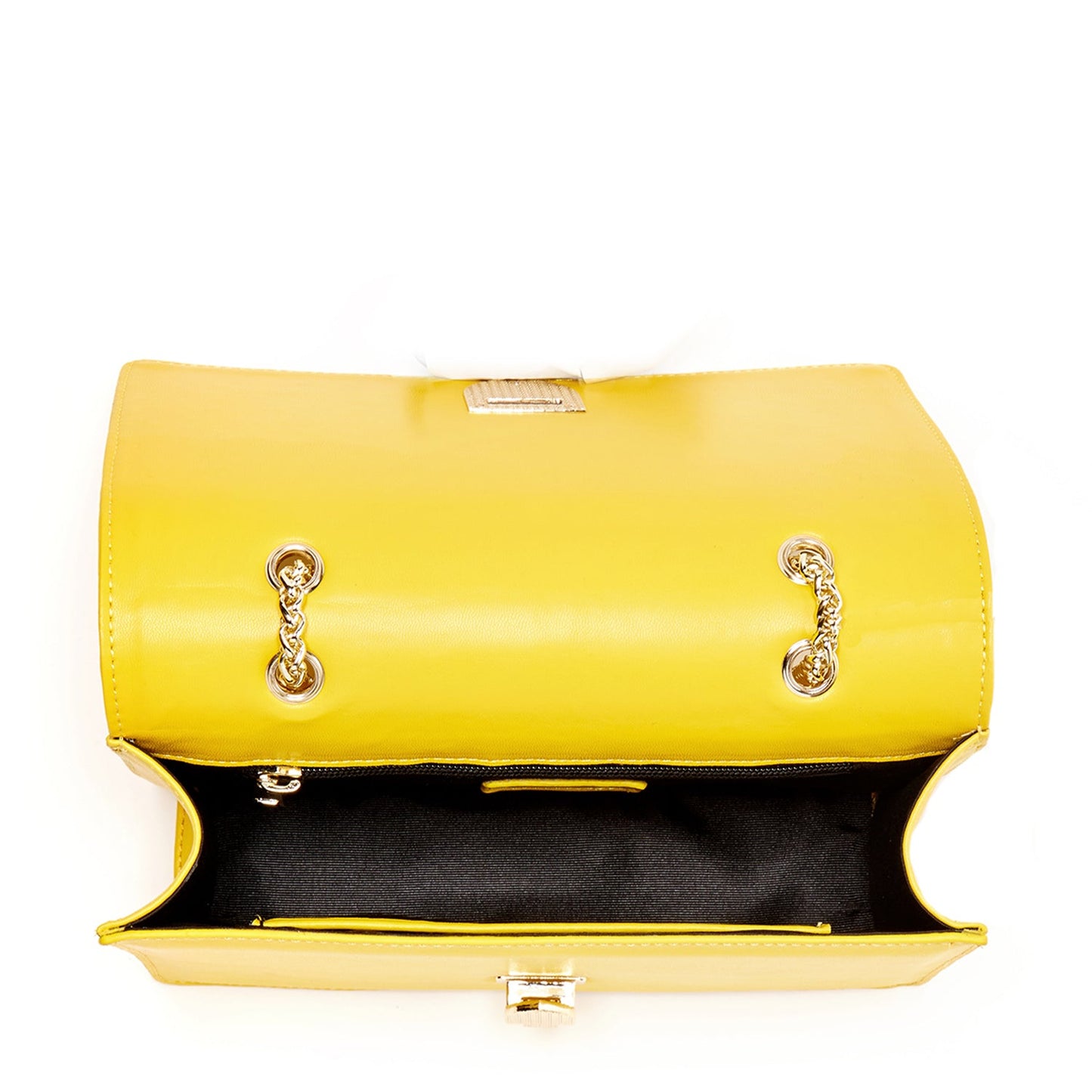 The SUSU Josie Mustard Yellow Leather Purse features gold chain straps, a clasp, and a front row of small studs.