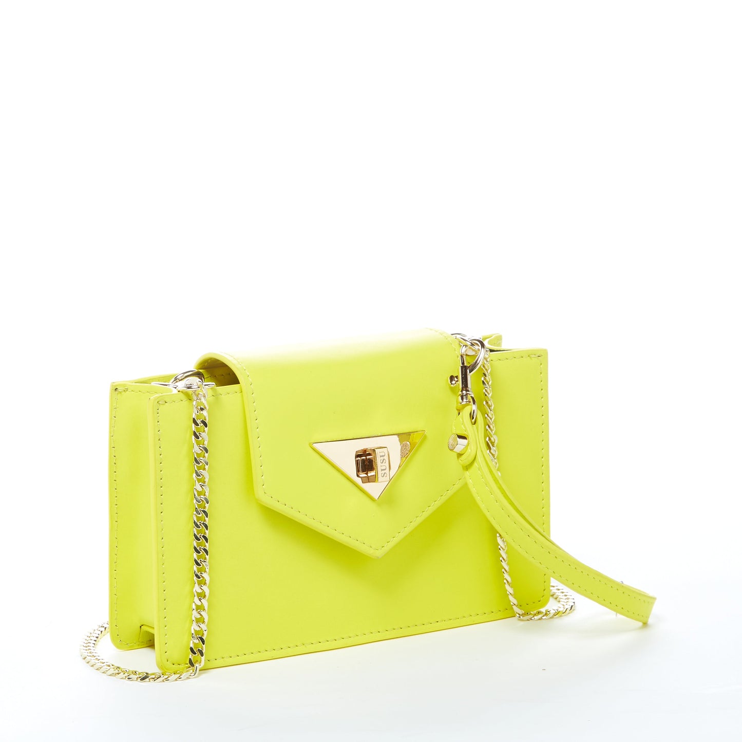 SUSUs Mary Bright Yellow Crossbody Leather Wristlet features a triangular gold clasp, flap closure, and detachable chain strap on a white background.