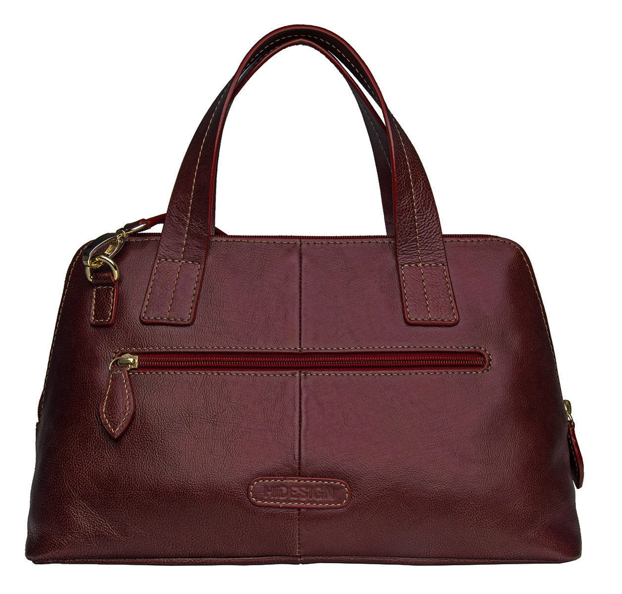 The Cerys Medium Leather Satchel by Hidesign is a red handbag with short handles and a detachable shoulder strap, featuring gold-tone hardware and a small gold emblem on the front.
