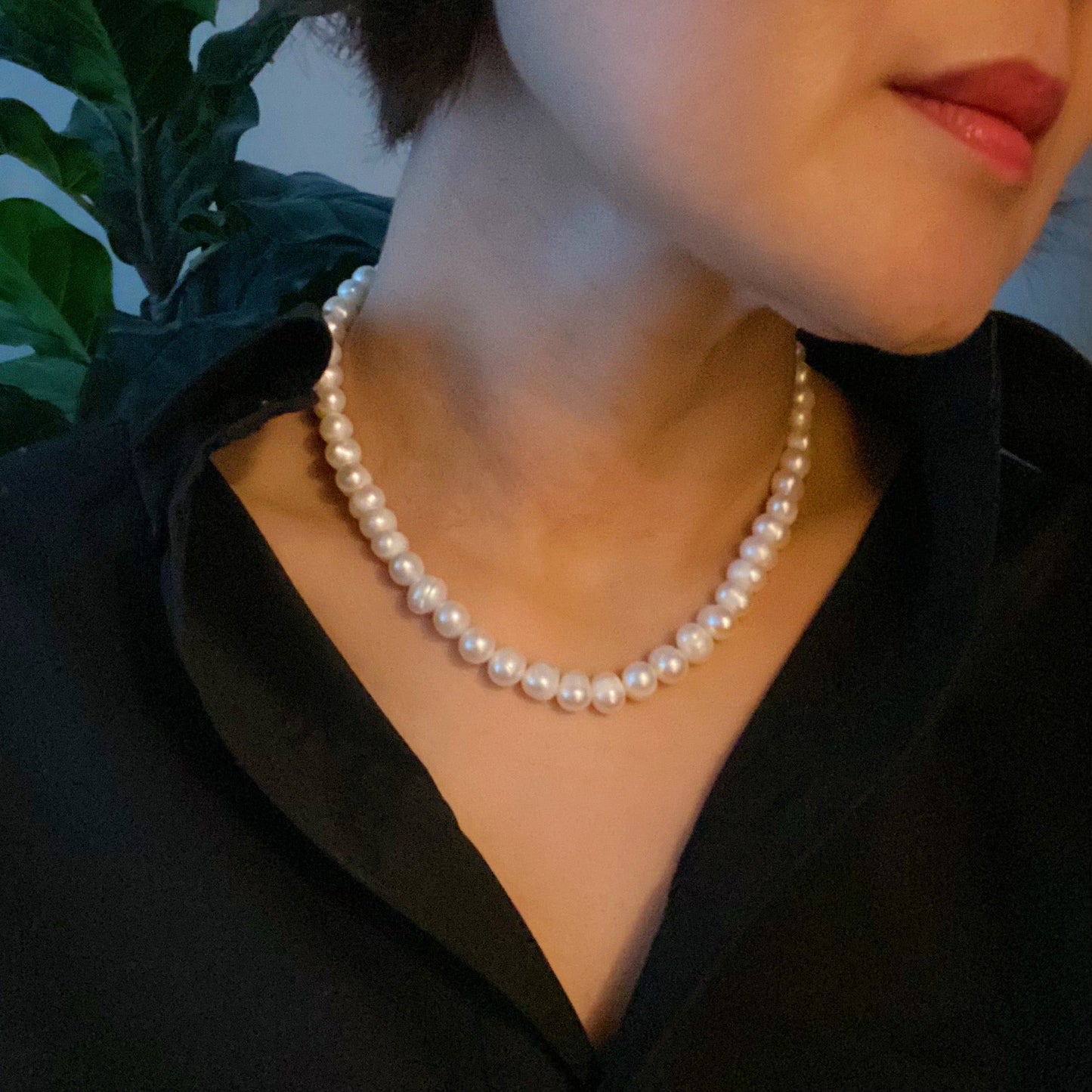 The Clover Clasp Genuine Pearl Necklace by Ellison + Young features rows of round white pearls elegantly displayed on a light surface.