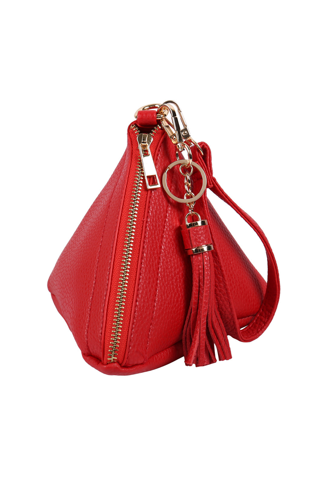 A person in a white shirt and jeans is holding the Riah Fashion Pyramid Shape Tassel Wristlet Leather Bag in orange.