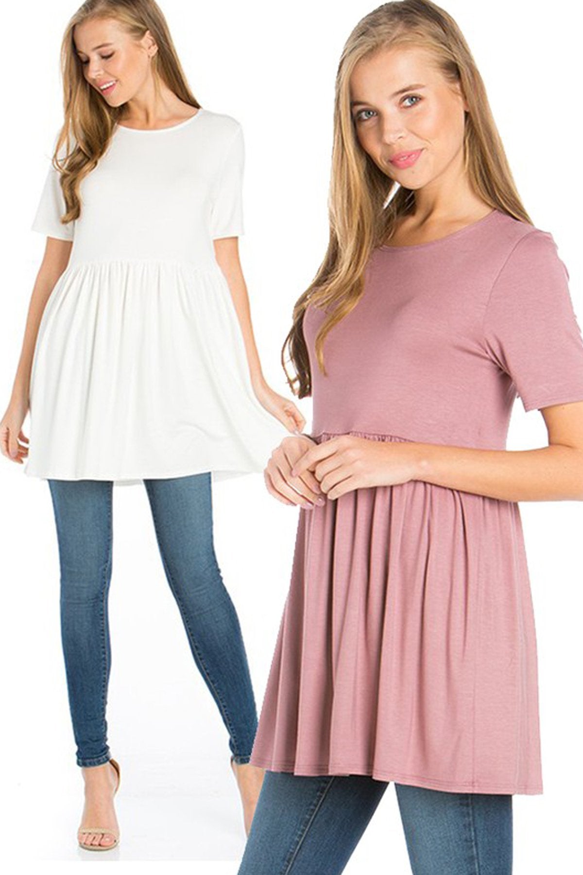 A woman stands outdoors wearing a beige Riah Fashion Short Sleeve Empire Waist Tunic paired with a long necklace.