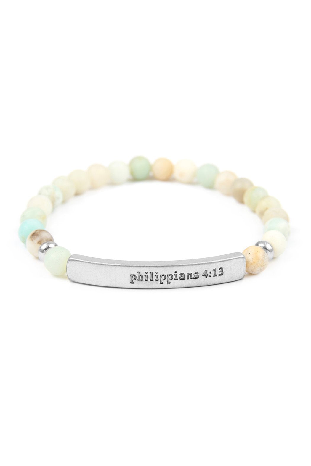 The Philippians 4:13 Natural Stone Stretch Bracelet by Riah Fashion features marble-like beads and a gold-tone bar engraved with Philippians 4:13. Color: Gold Gray.