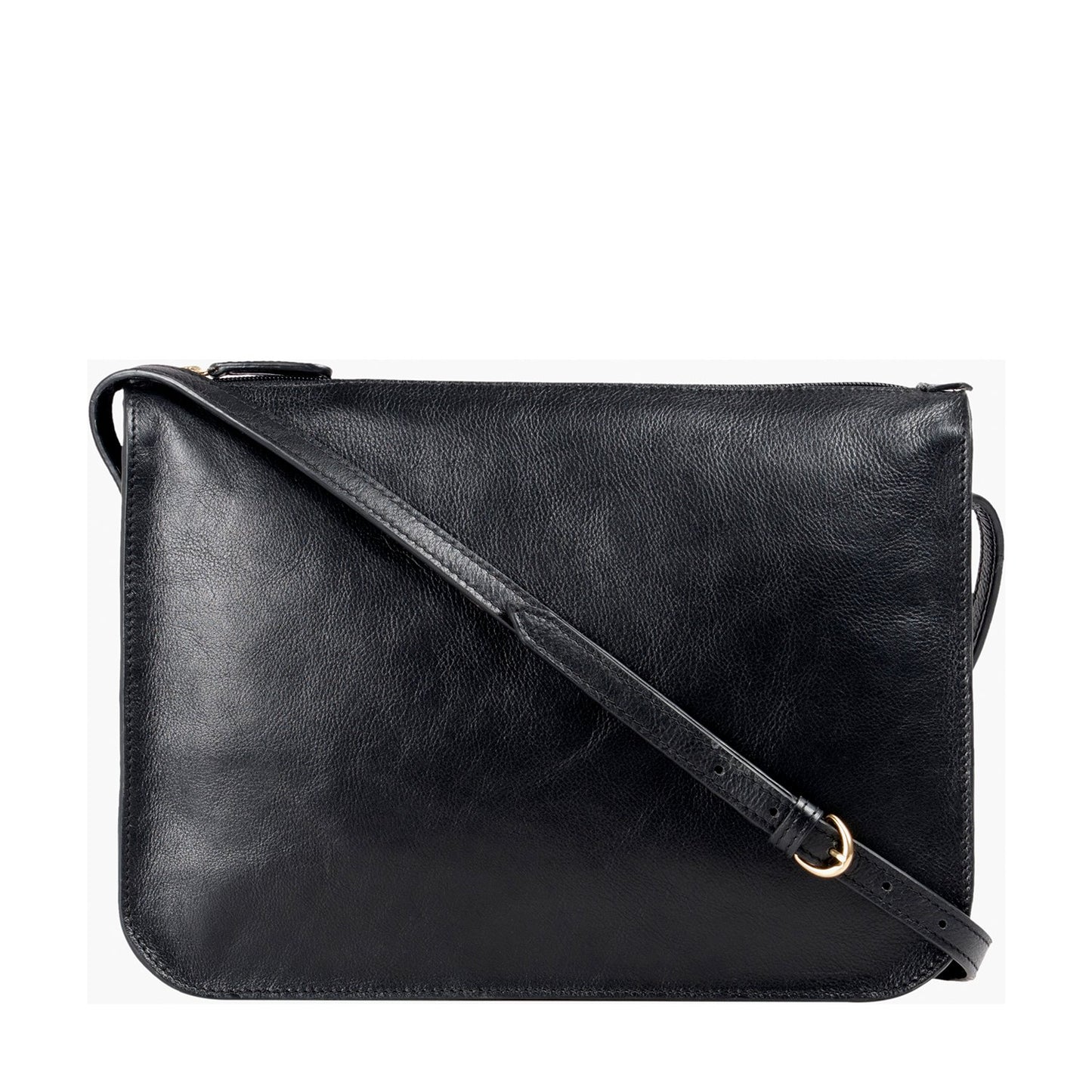 The Hidesign Carmel Medium Leather Sling Bag is a black rectangular crossbody bag featuring an adjustable shoulder strap.