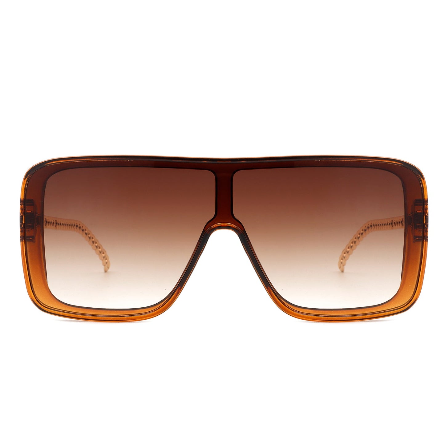 Cramilo Eyewears Wildwind sunglasses feature a black-gray square frame with a retro flat top, gradient blue lenses, and chain-like arms.
