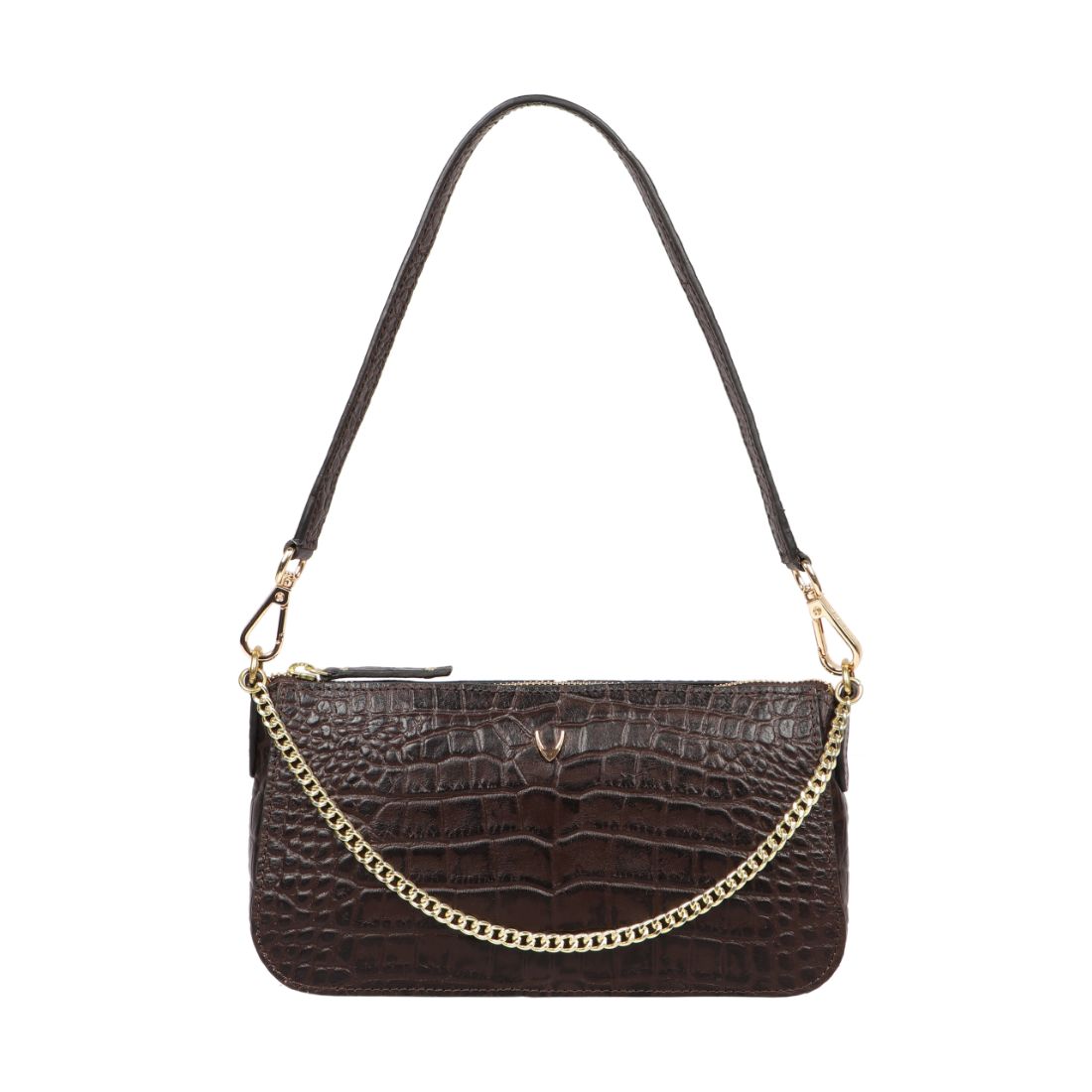 Hidesign Valerie black crocodile-textured handbag featuring a gold chain accent and single shoulder strap against a white background.