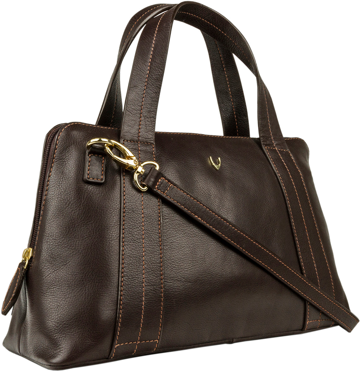 The Hidesign Cerys Leather Satchel is a brown leather handbag with gold hardware, featuring double handles and a detachable shoulder strap.