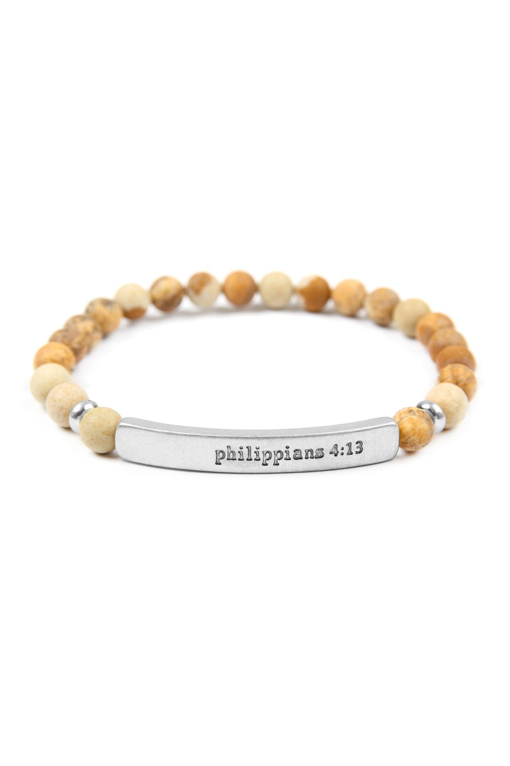 The Philippians 4:13 Natural Stone Stretch Bracelet by Riah Fashion features marble-like beads and a gold-tone bar engraved with Philippians 4:13. Color: Gold Gray.