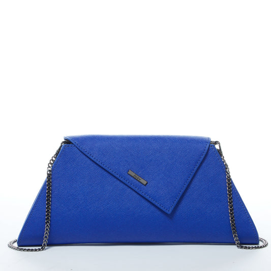 A SUSU Angelica Cobalt Blue Leather Clutch Bag featuring a triangular flap design and a silver chain strap.