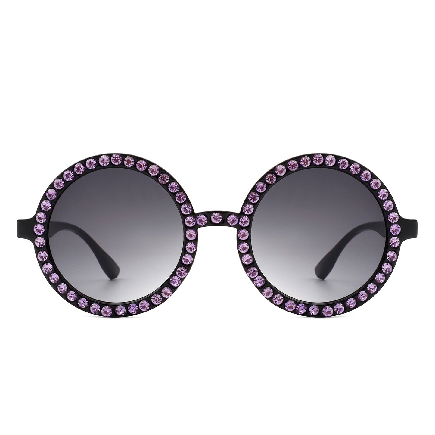 Round sunglasses by Cramilo Eyewear, Dreamwey model, featuring rhinestone-studded white frames with dark lenses.