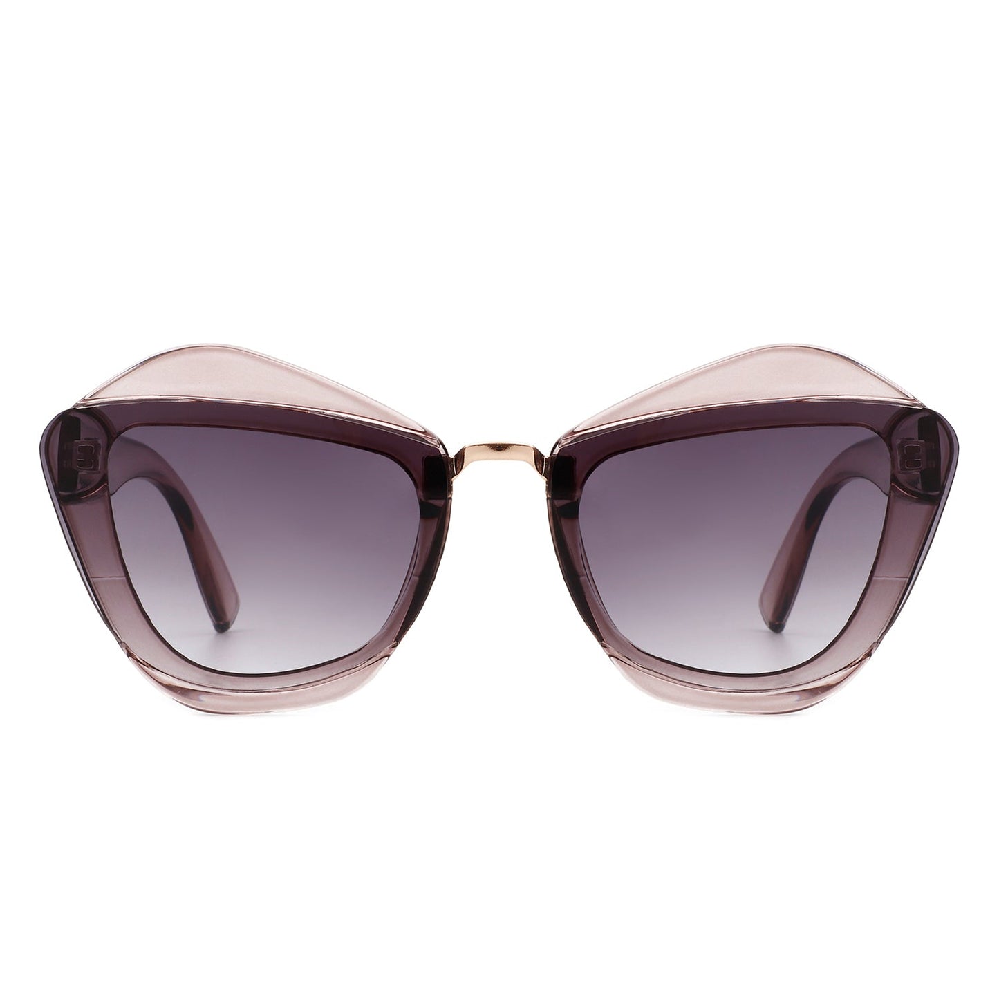 A pair of Infernia sunglasses by Cramilo Eyewear with a square, irregular cat eye frame design in translucent orange and dark tinted lenses.