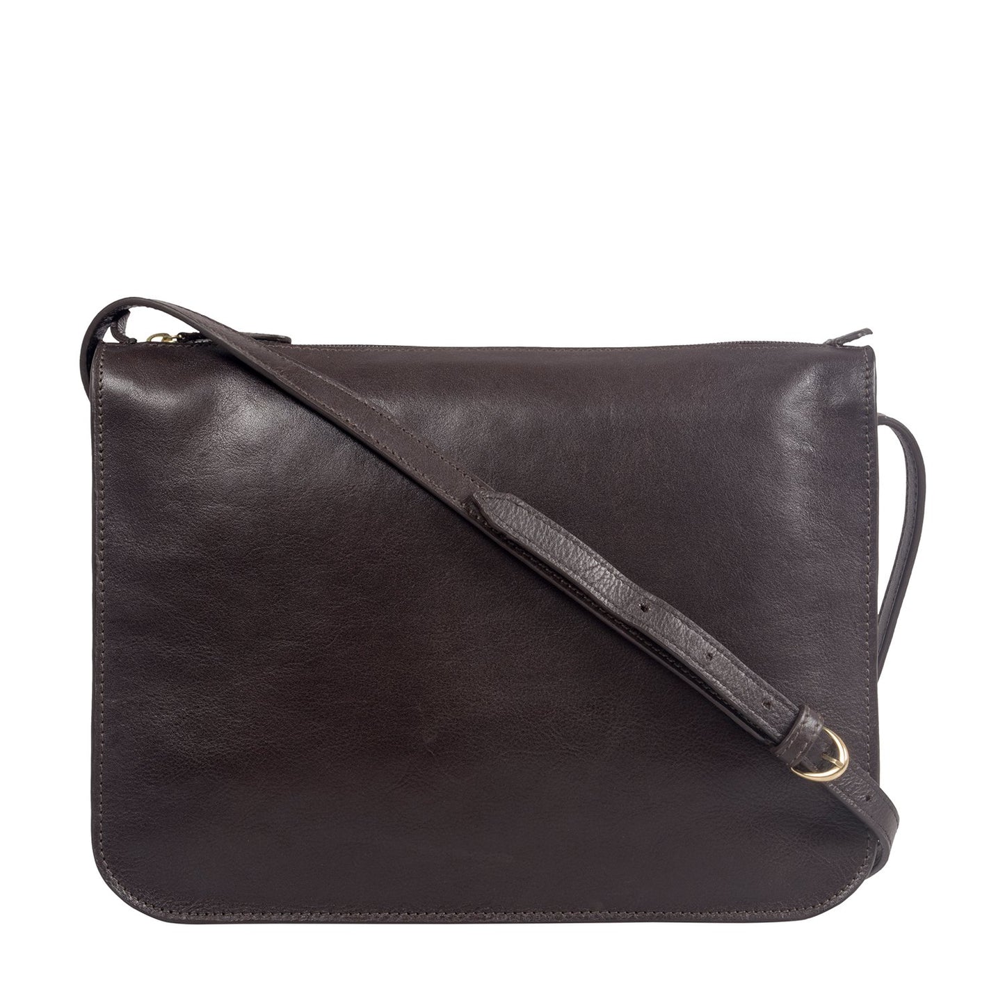 The Hidesign Carmel Medium Leather Sling Bag is a black rectangular crossbody bag featuring an adjustable shoulder strap.