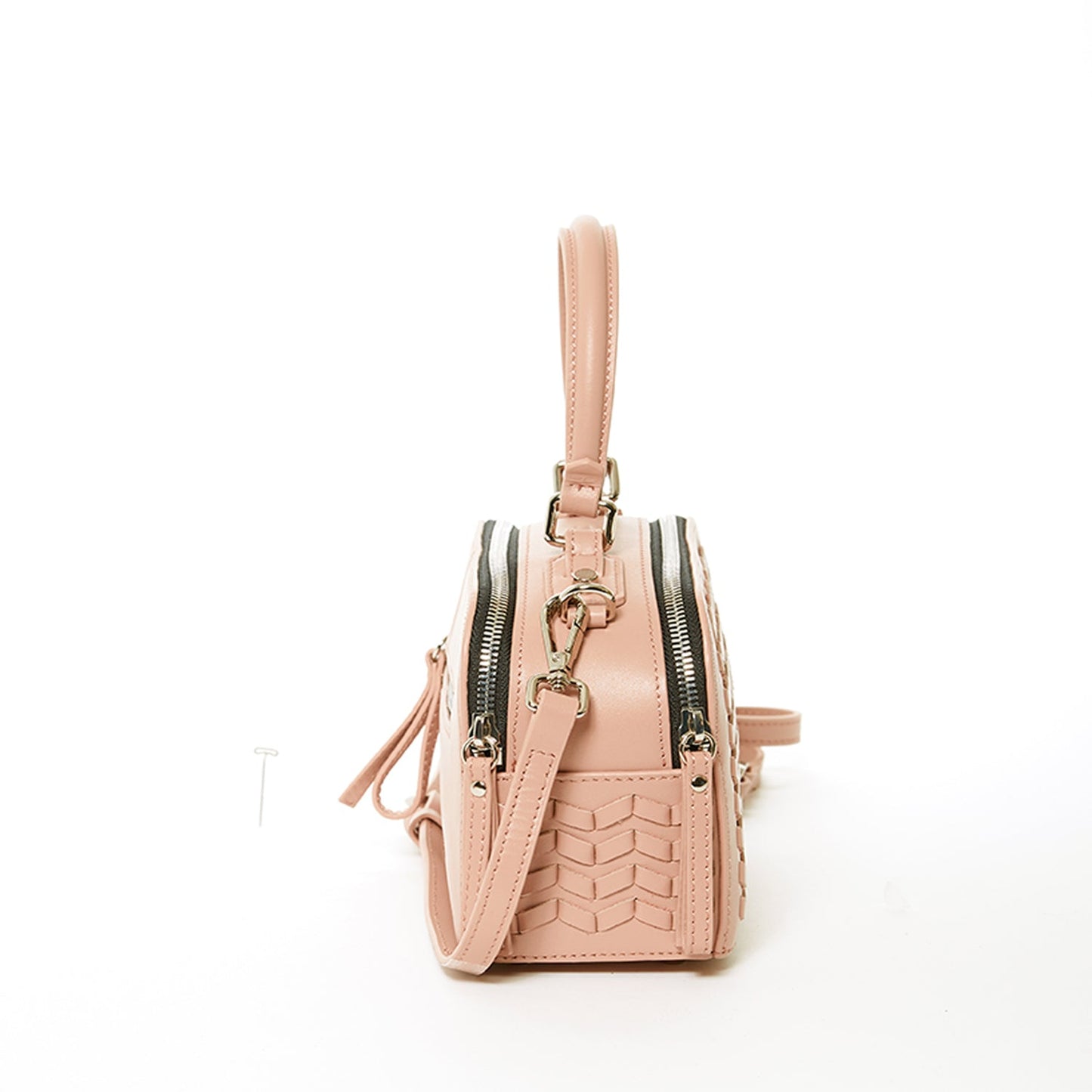 The SUSU Kayla Pink Woven Leather Bag features a textured front pattern, top handles, and a detachable shoulder strap.