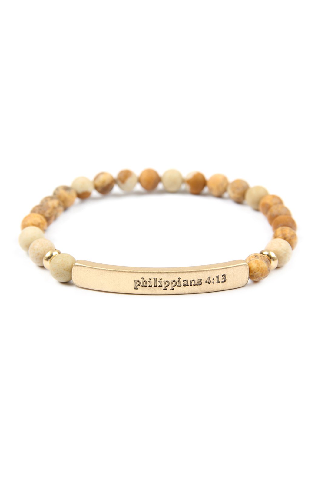 The Philippians 4:13 Natural Stone Stretch Bracelet by Riah Fashion features marble-like beads and a gold-tone bar engraved with Philippians 4:13. Color: Gold Gray.