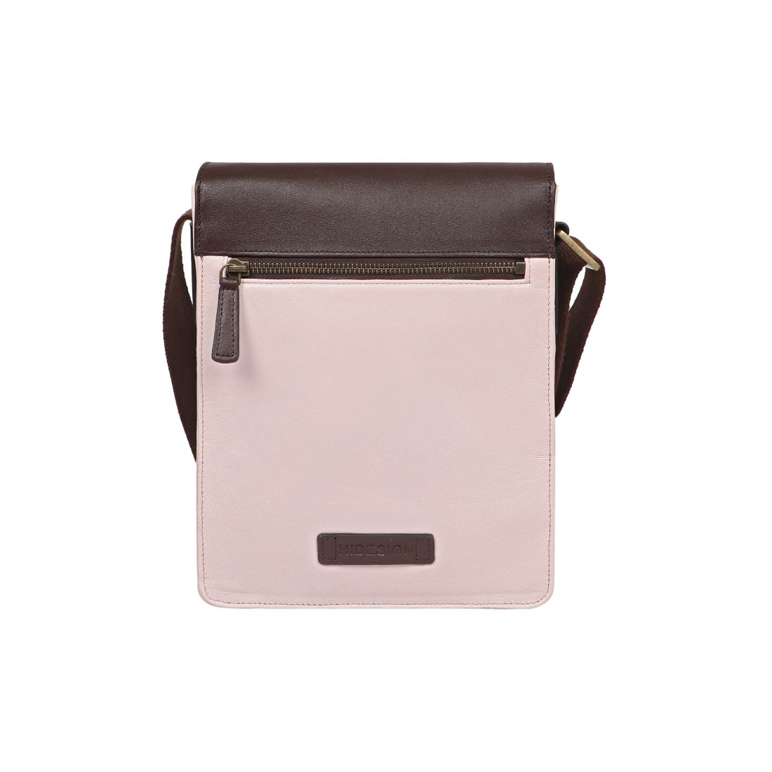 The Aiden Genuine Leather Mini Crossbody by Hidesign is a brown leather shoulder bag featuring a flap cover and an adjustable fabric strap with a brass buckle.