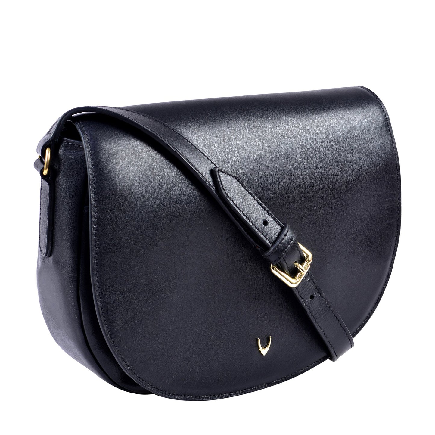 The Nelly Classic Leather Crossbody Bag by Hidesign features a black leather design with a flap closure and a gold buckle on the strap.