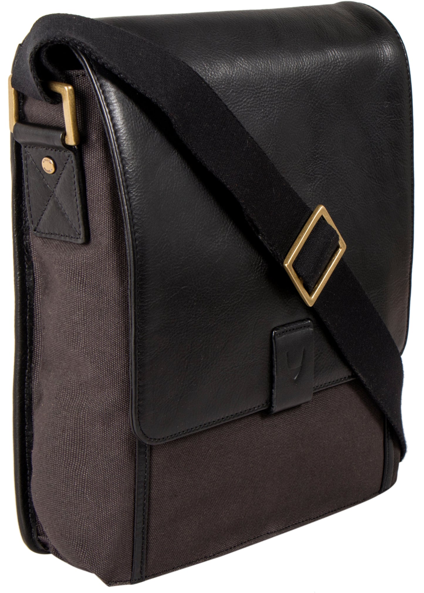 The Aiden Hidesign Blue Genuine Leather and Canvas Crossbody Bag features an adjustable strap and buckle, perfect for men or women as a shoulder, messenger, or travel bag that fits a 10.5 iPad.