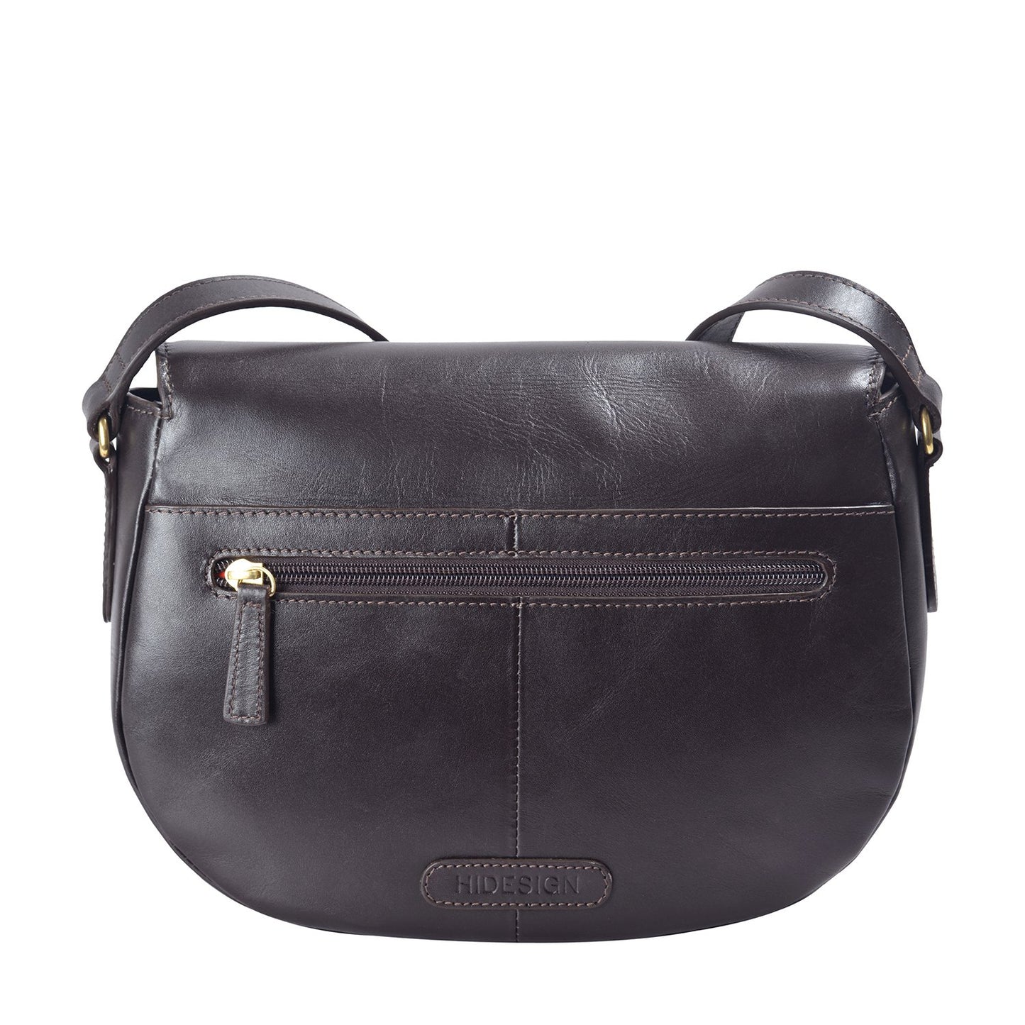 The Nelly Classic Leather Crossbody Bag by Hidesign features a black leather design with a flap closure and a gold buckle on the strap.