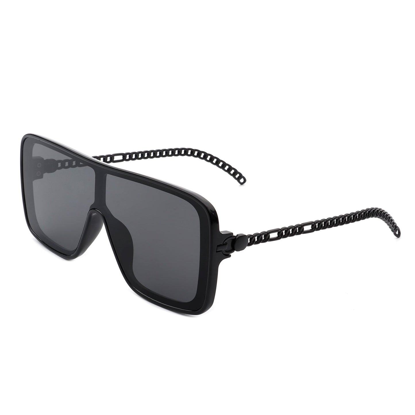 Cramilo Eyewears Wildwind sunglasses feature a black-gray square frame with a retro flat top, gradient blue lenses, and chain-like arms.