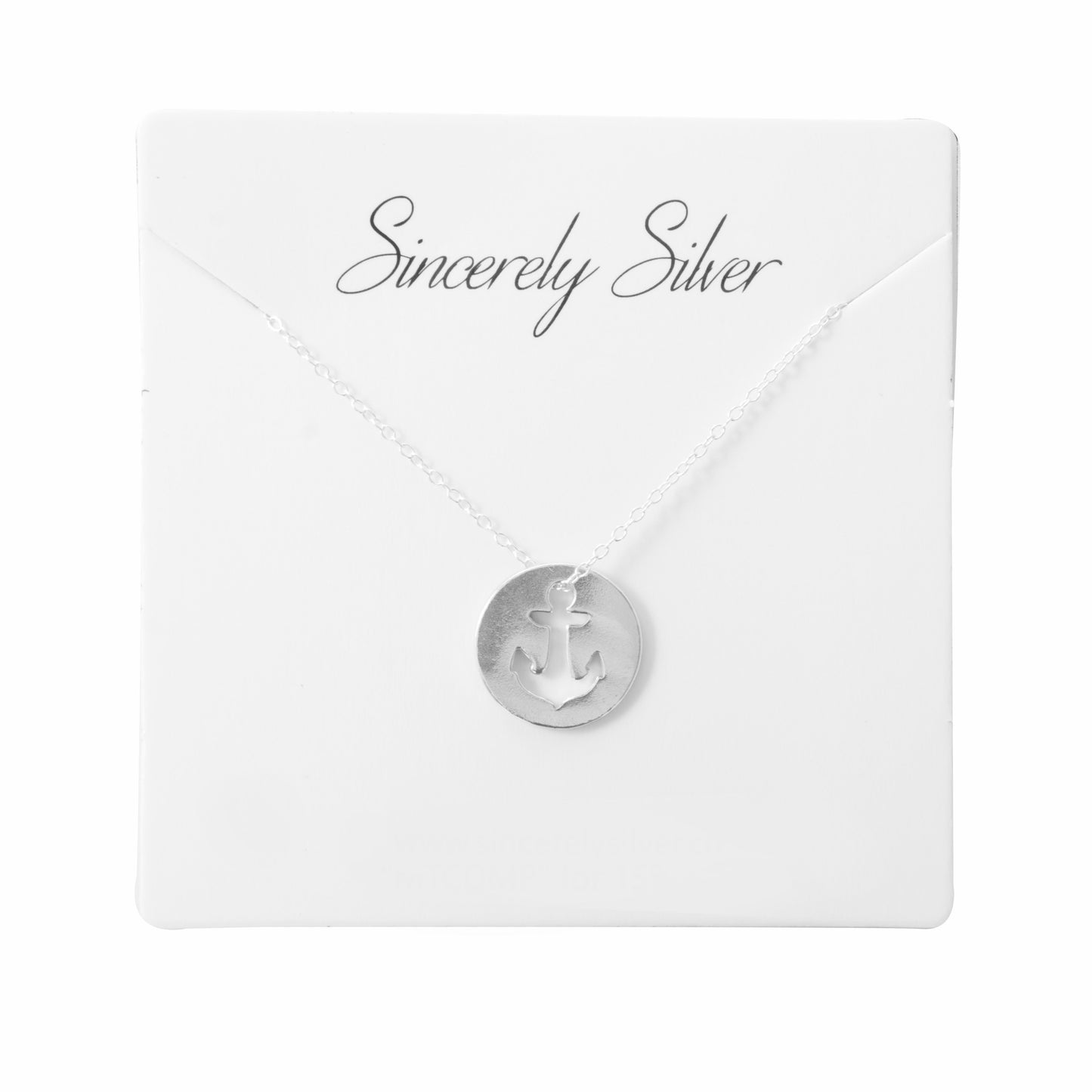 Sincerely Silvers Anchor Necklace is a sterling silver piece showcasing a circular pendant with a cut-out anchor design.