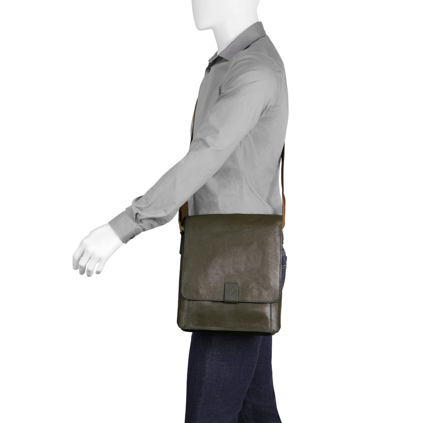 Hidesigns Aiden Genuine Leather Medium Crossbody is a dark brown shoulder bag featuring a wide strap and rectangular brass buckle.