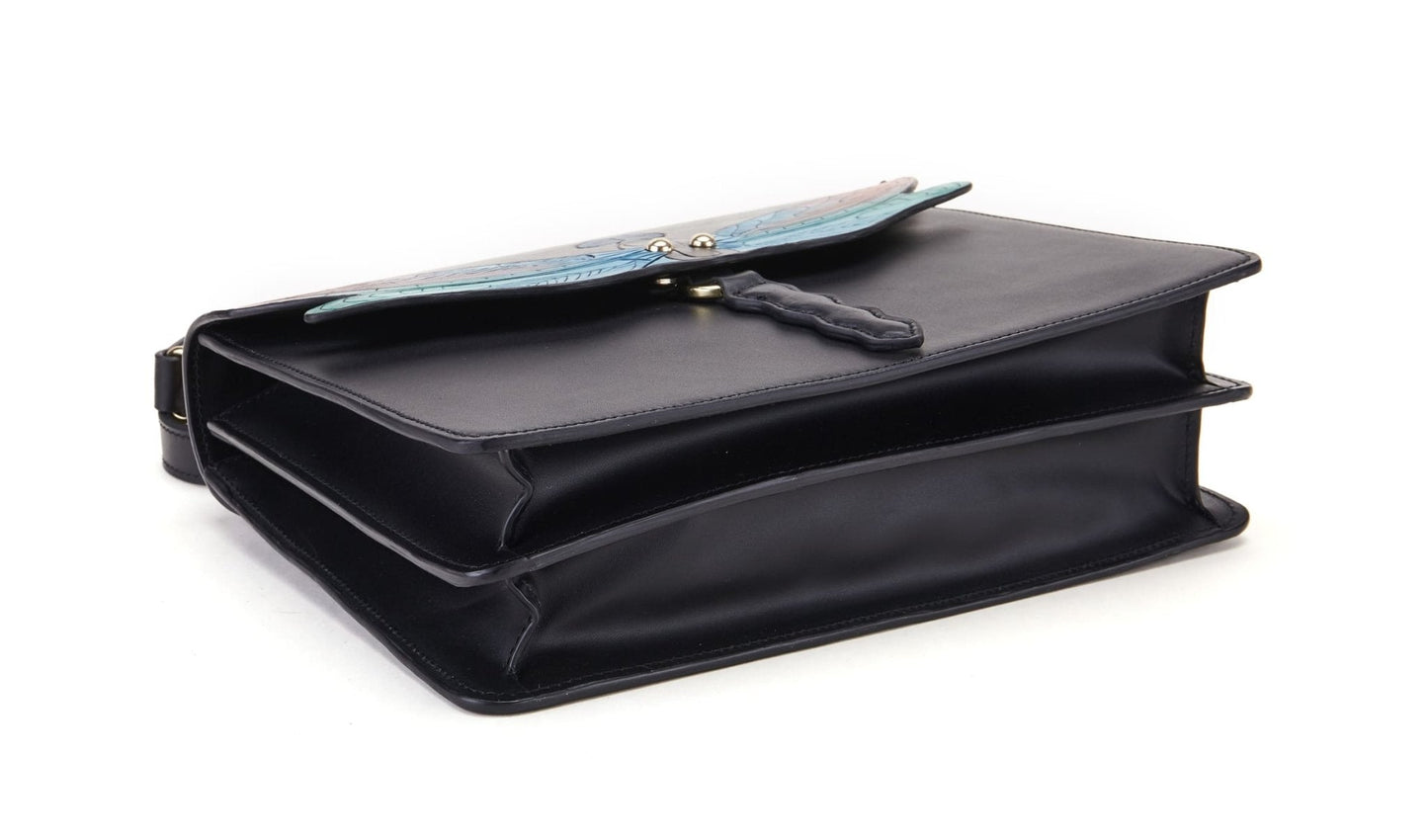 The Bellorita Dragonfly Black Top Handle features a vibrant dragonfly design on the front, adorned with red and teal wings.