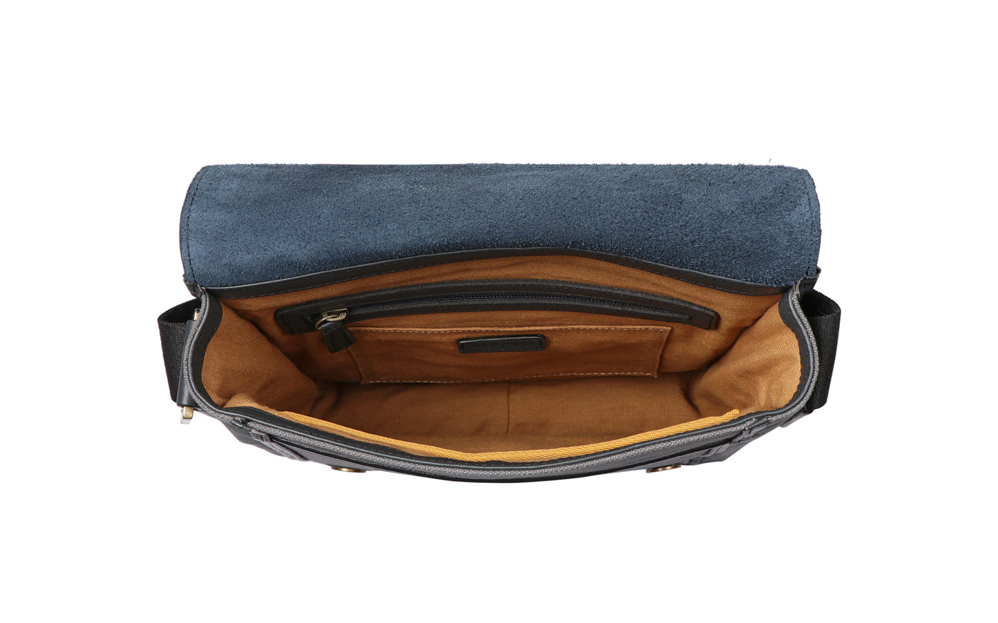 The Aiden Hidesign Blue Genuine Leather and Canvas Crossbody Bag features an adjustable strap and buckle, perfect for men or women as a shoulder, messenger, or travel bag that fits a 10.5 iPad.