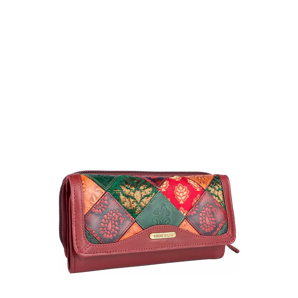 The Hidesign Baga RFID Blocking Trifold Leather Wallet offers a colorful patchwork design with red, green, and orange patterns.