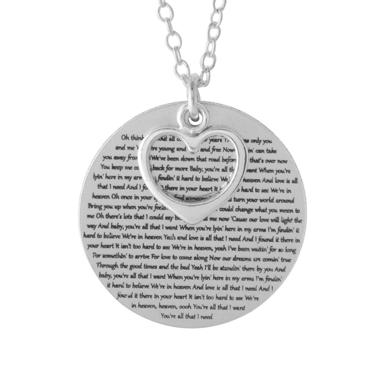 The Words of Love Necklace by Sincerely Silver is a silver piece with a round pendant showcasing printed text and an overlapping heart-shaped cutout.