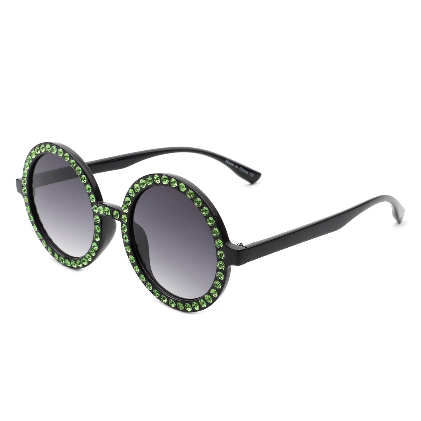 Round sunglasses by Cramilo Eyewear, Dreamwey model, featuring rhinestone-studded white frames with dark lenses.