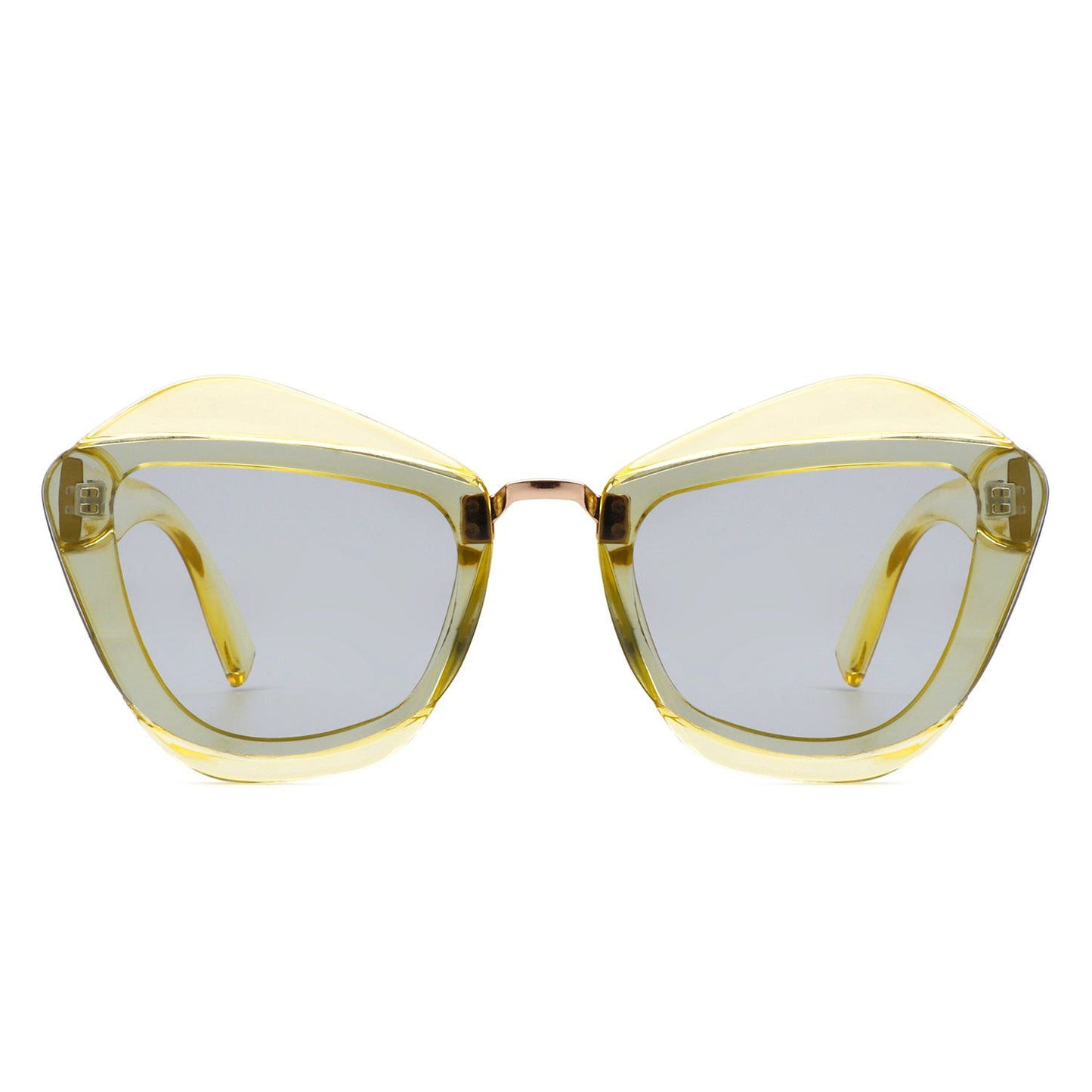 A pair of Infernia sunglasses by Cramilo Eyewear with a square, irregular cat eye frame design in translucent orange and dark tinted lenses.