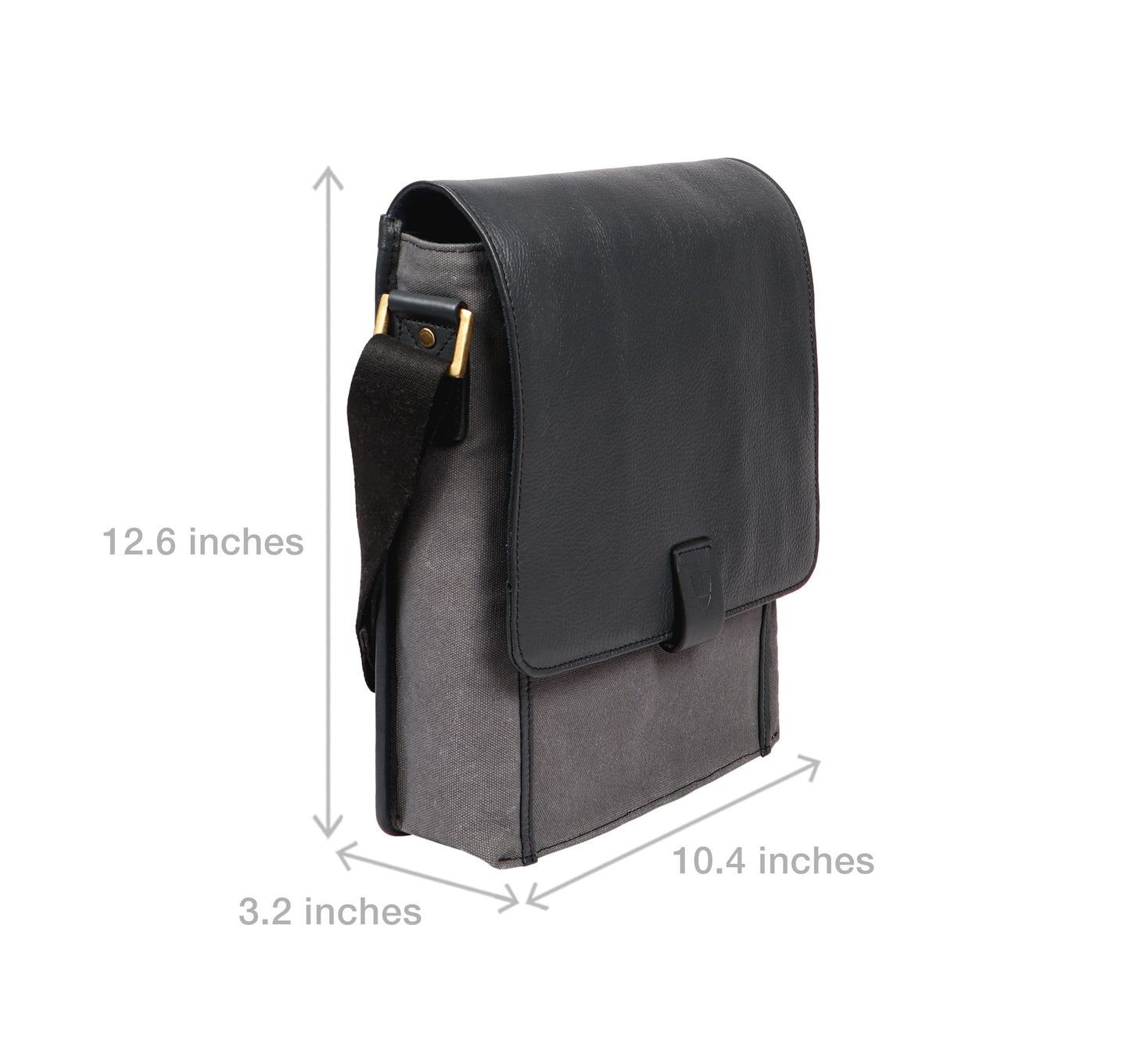 The Aiden Hidesign Blue Genuine Leather and Canvas Crossbody Bag features an adjustable strap and buckle, perfect for men or women as a shoulder, messenger, or travel bag that fits a 10.5 iPad.